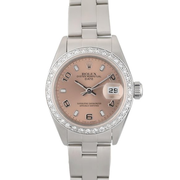 Rolex Accessories - Rolex Date 79160 Diamond Bezel Arabic Salmon Dial Womens 26mm Watch